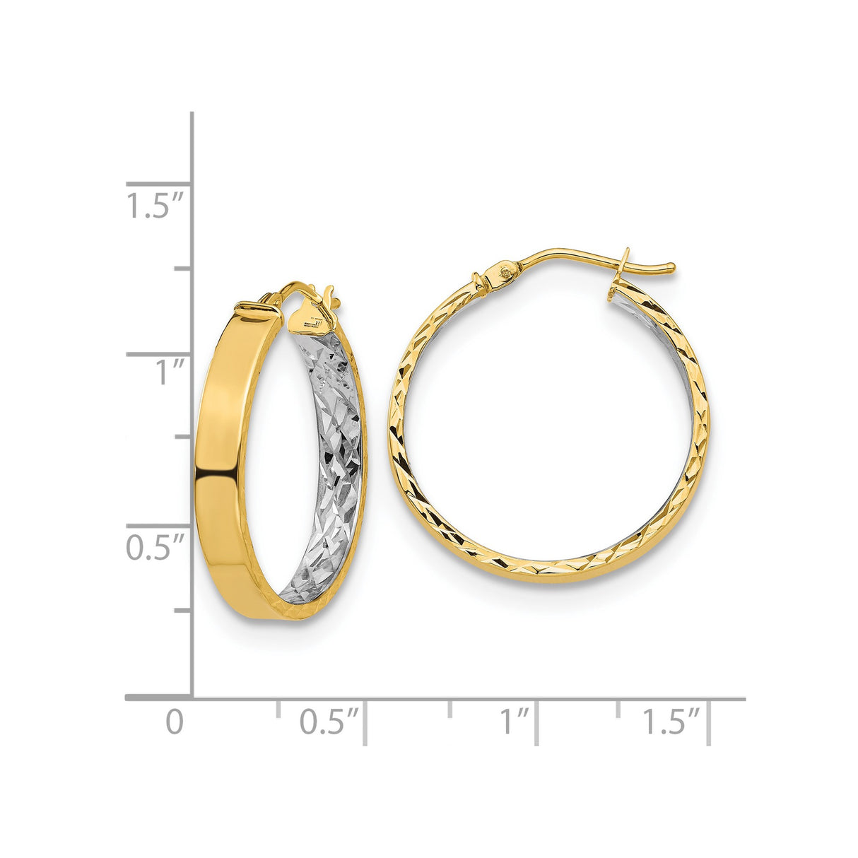 14k Yellow Gold Hoop Earrings with Rhodium Two-Tone Finish, Polished and Diamond Cut Texture