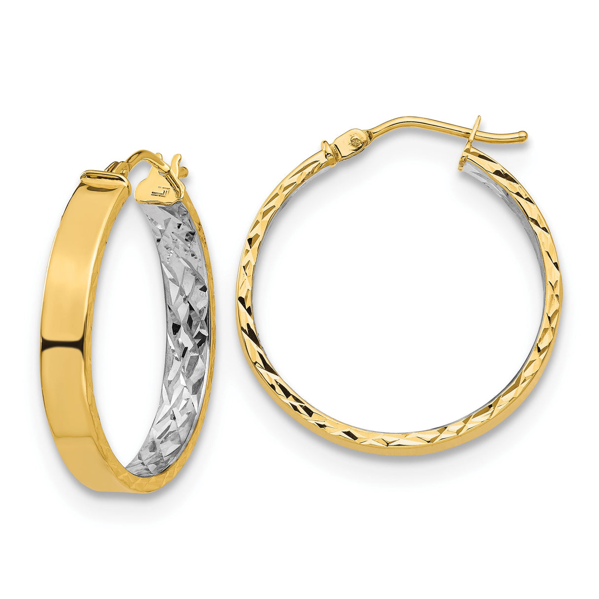 14k Yellow Gold Hoop Earrings with Rhodium Two-Tone Finish, Polished and Diamond Cut Texture