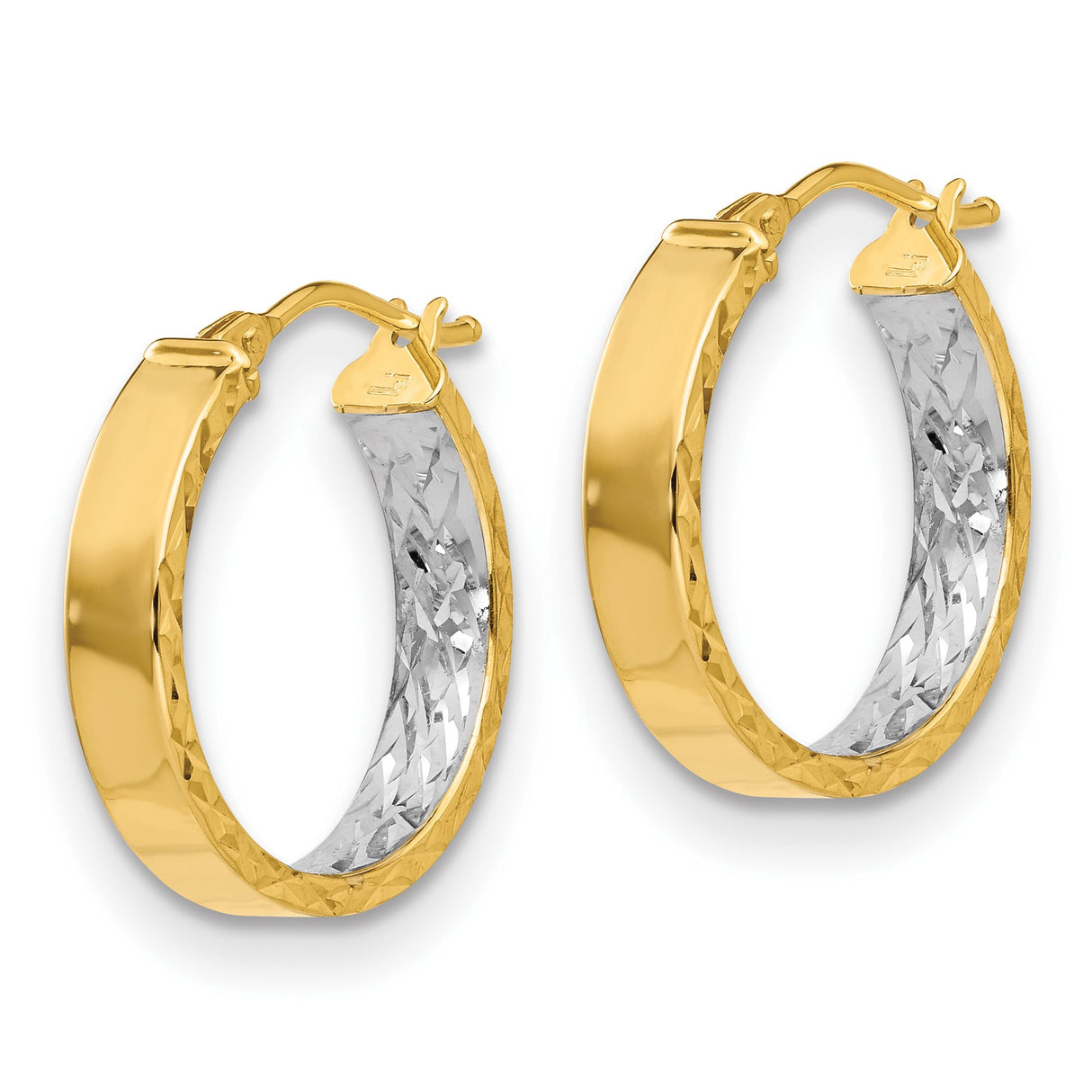 14k Yellow Gold Hoop Earrings, Rhodium Plated Diamond-Cut Two Tone Round Hoops for Women