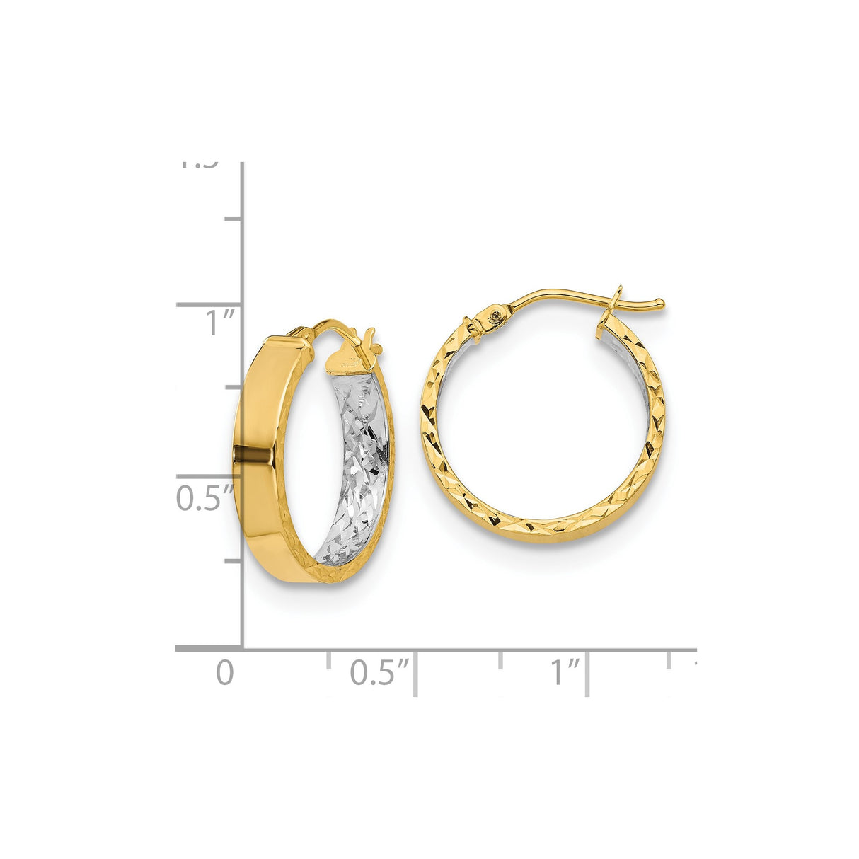 14k Yellow Gold Hoop Earrings, Rhodium Plated Diamond-Cut Two Tone Round Hoops for Women