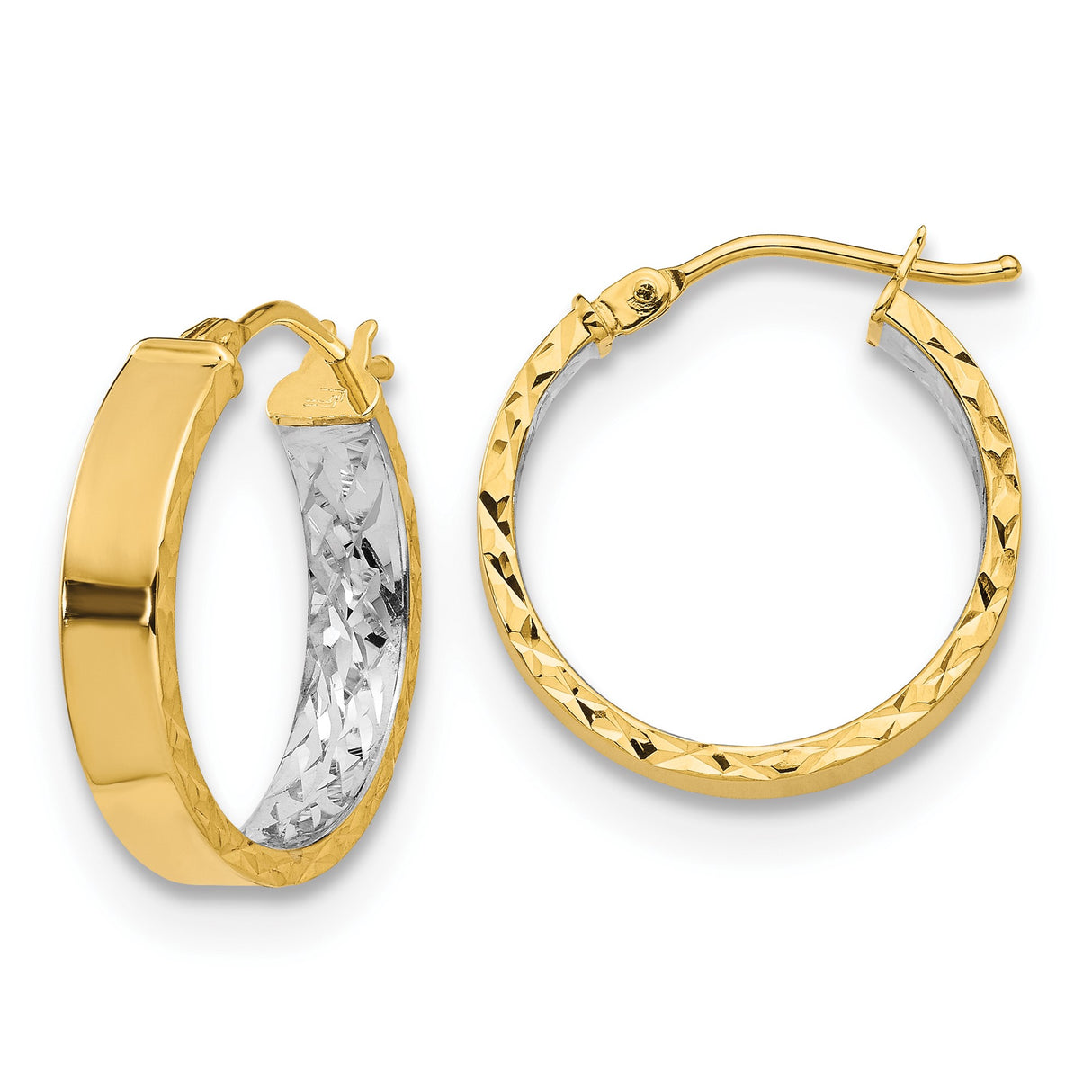 14k Yellow Gold Hoop Earrings, Rhodium Plated Diamond-Cut Two Tone Round Hoops for Women