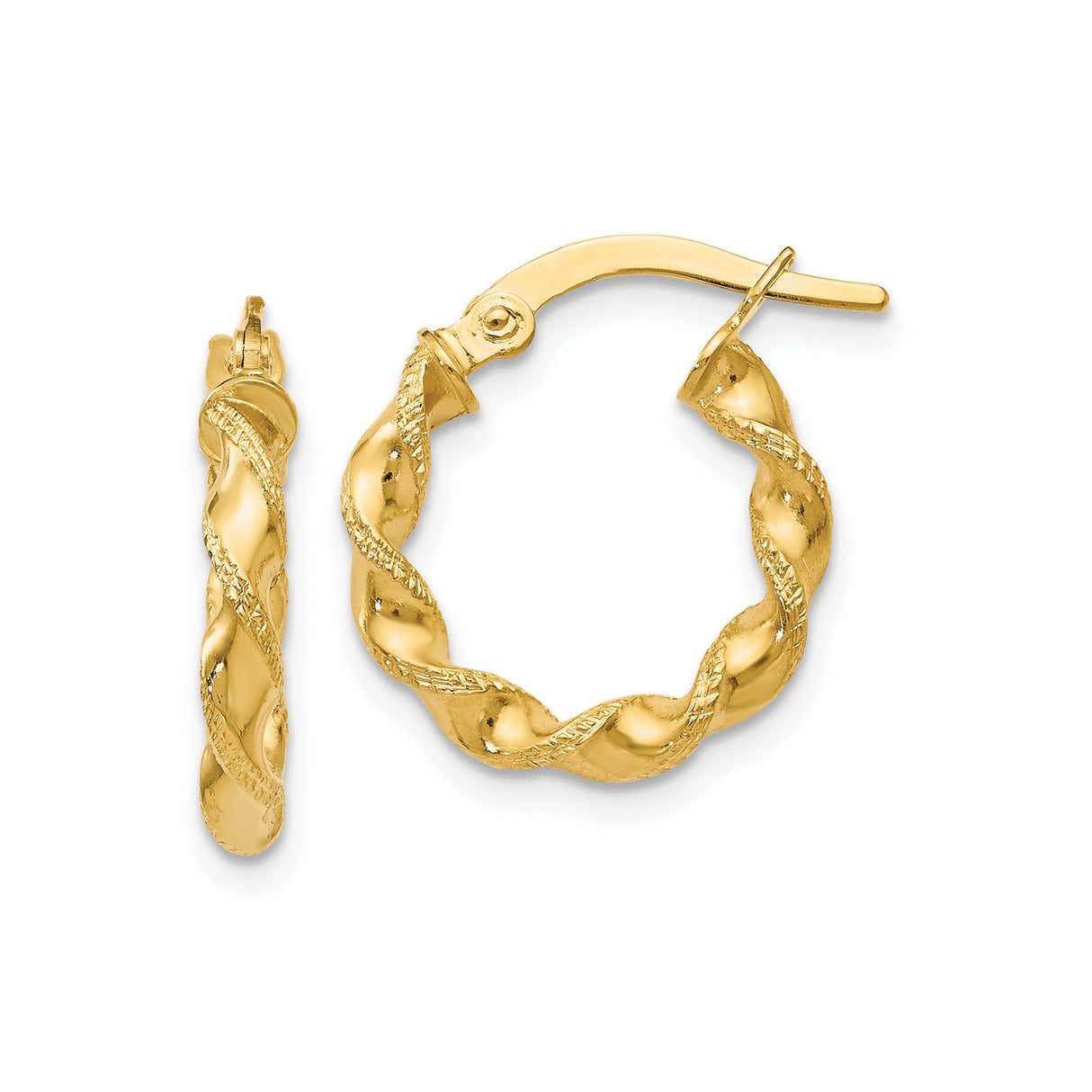 14k Yellow Gold Twisted Hoop Earrings with Diamond Cut Rope Design, Medium Size, Polished Finish