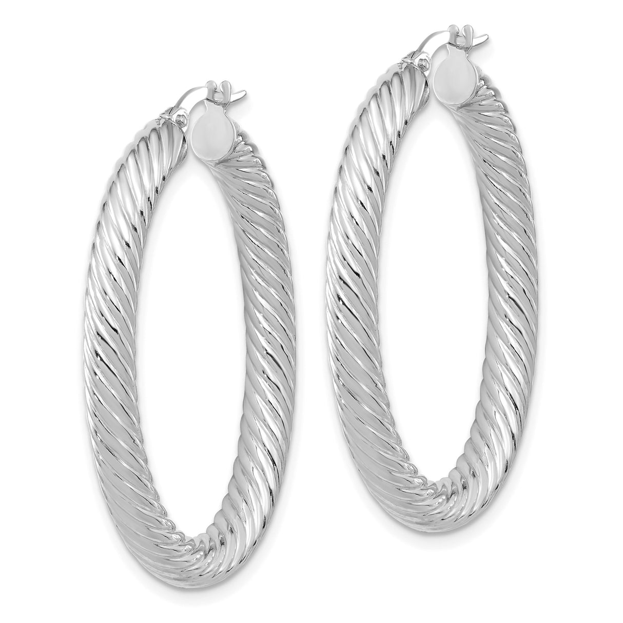 14k White Gold Twisted Oval Hoop Earrings with Textured and High Polish Finish