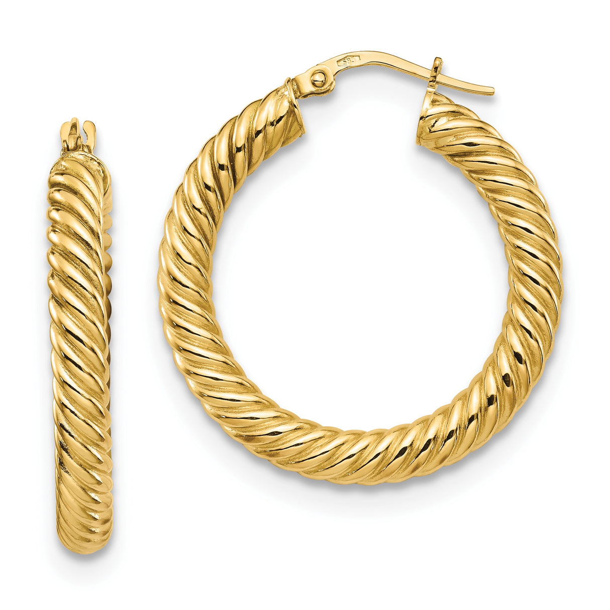 14k Yellow Gold Hoop Earrings, Twisted Rope Design with Chunky Textured Finish