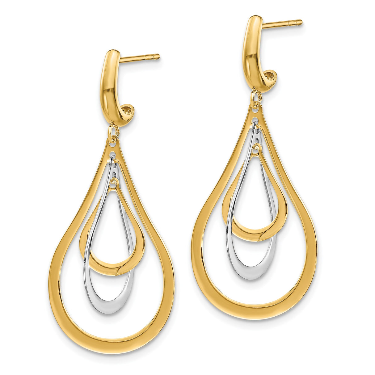 14k Yellow Gold Dangle Earrings with Layered Teardrop Shapes in Two Tone Polished Finish