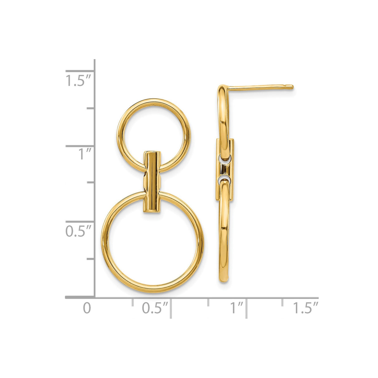 14k Yellow Gold Drop Earrings, Double Circle Dangle with Polished Finish, Minimalist Link Style