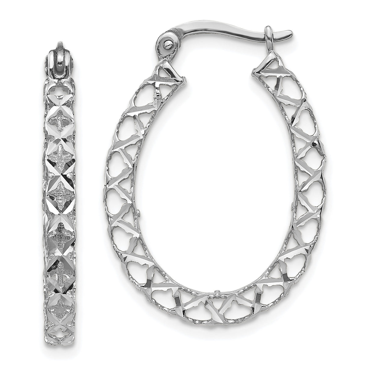 14k White Gold Oval Hoop Earrings with Open Lattice X Pattern Design