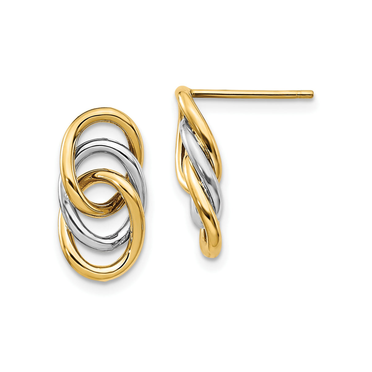 14k Yellow and White Gold Earrings, Interlocking Oval Links, Twisted Two-Tone Dangle Hoops