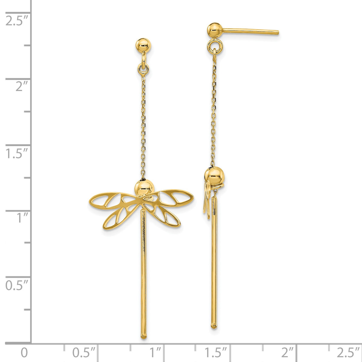 14k Yellow Gold Dangle Earrings with Dragonfly Design, Lightweight Nature-Inspired Jewelry for Women