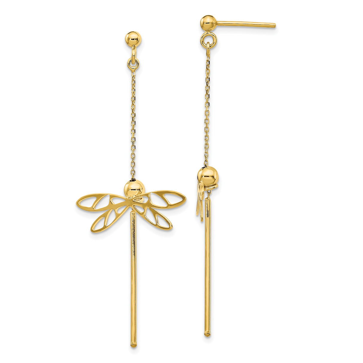 14k Yellow Gold Dangle Earrings with Dragonfly Design, Lightweight Nature-Inspired Jewelry for Women
