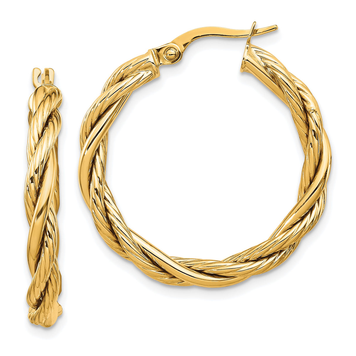 14k Yellow Gold Hoop Earrings with Twisted Braided Rope Design and Polished Finish