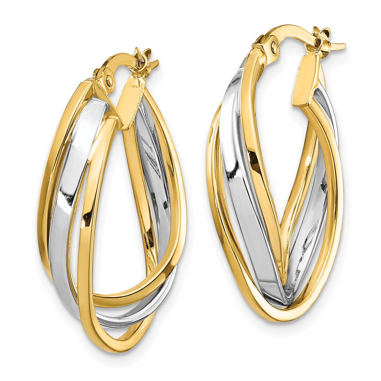14k Yellow Gold and Rhodium Twisted Oval Hoop Earrings, Two-Tone Intertwined Design for Women