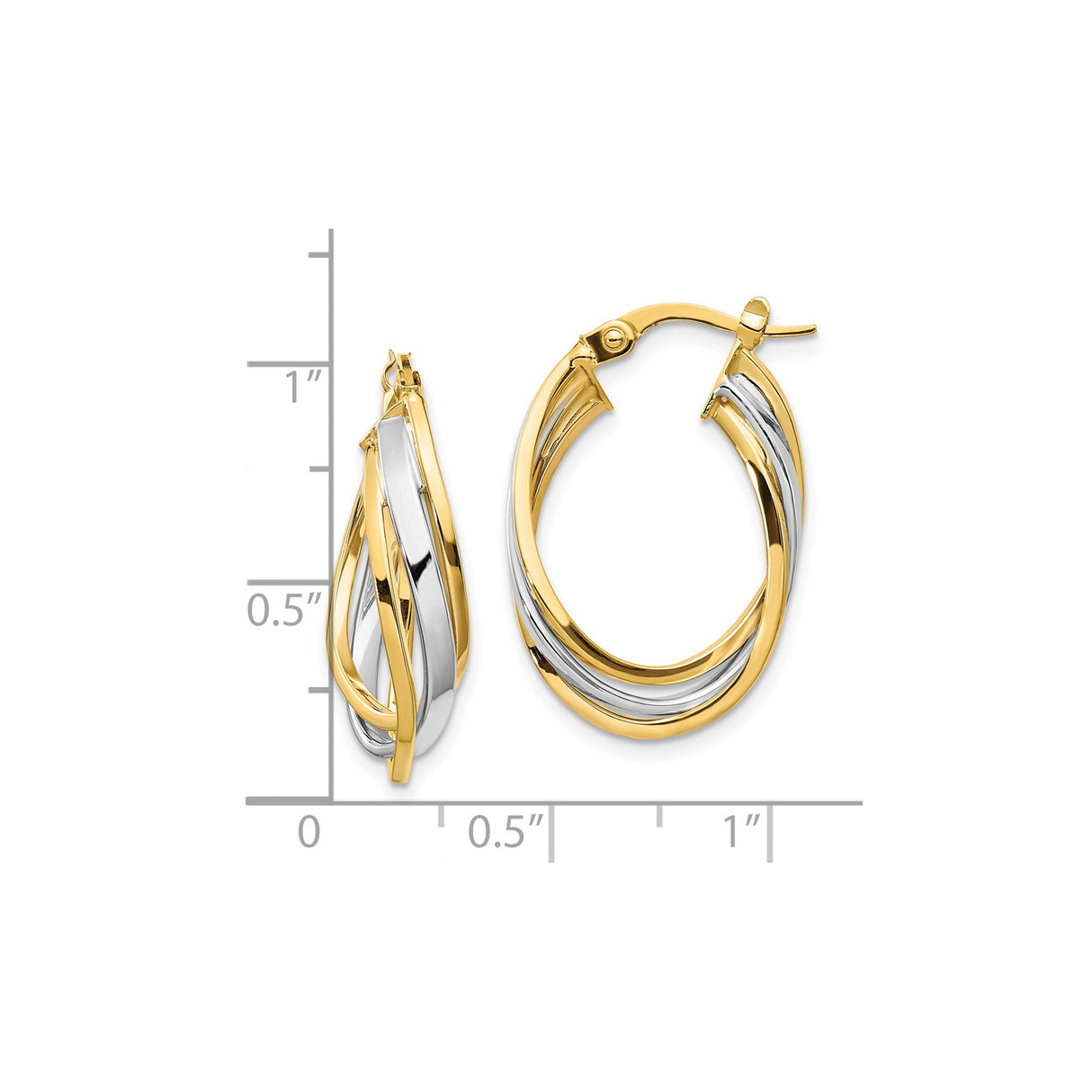 14k Yellow Gold and Rhodium Twisted Oval Hoop Earrings, Two-Tone Intertwined Design for Women