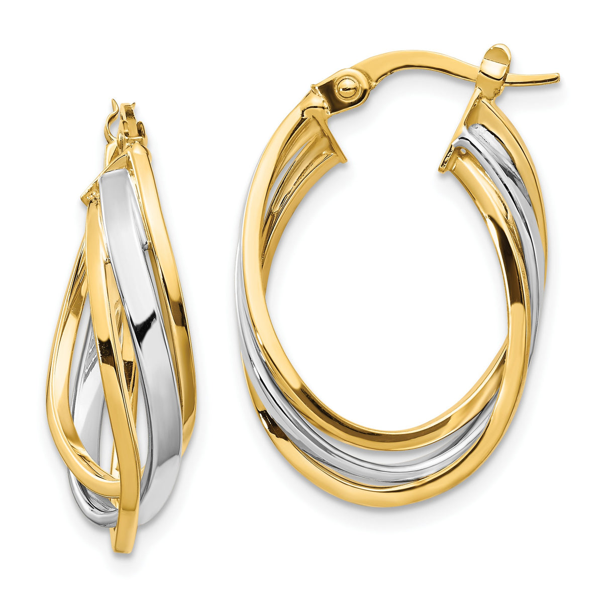 14k Yellow Gold and Rhodium Twisted Oval Hoop Earrings, Two-Tone Intertwined Design for Women