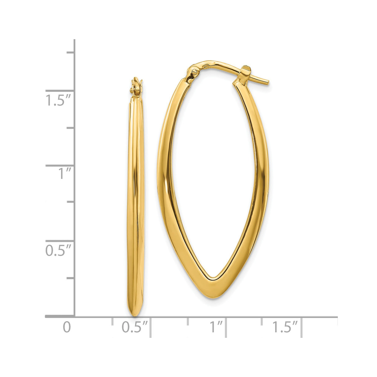 14k Yellow Gold Marquise Hoop Earrings, Sleek Polished Lightweight Design for Women