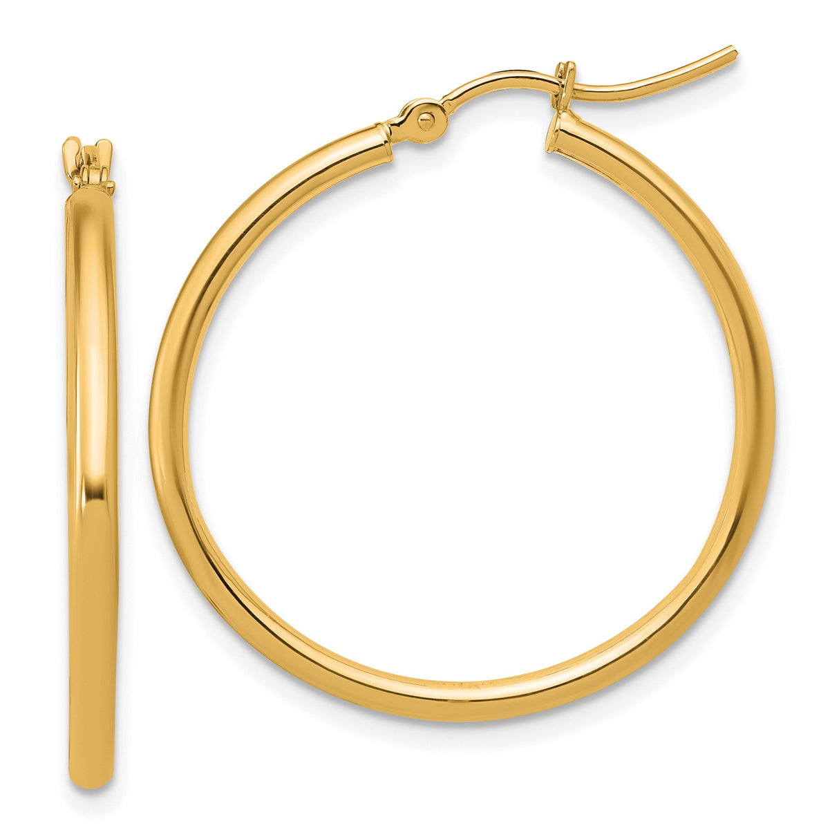 14k Yellow Gold Hoop Earrings, Medium Round Polished Hoops with High Shine Finish for Women