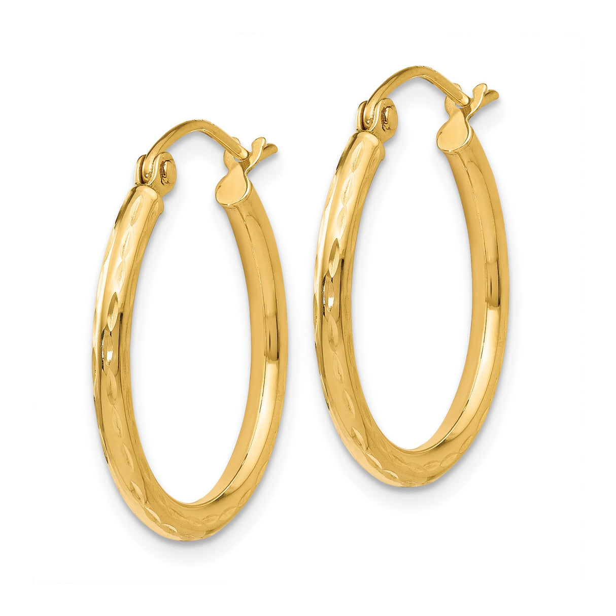 14k Yellow Gold Hoop Earrings with Polished Diamond-Cut Texture, Classic Round Hinged Design