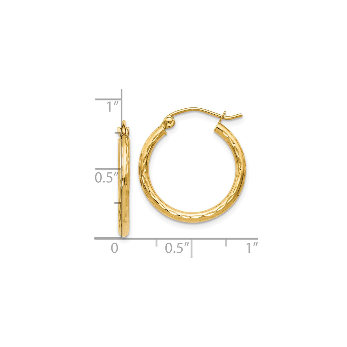 14k Yellow Gold Hoop Earrings with Polished Diamond-Cut Texture, Classic Round Hinged Design