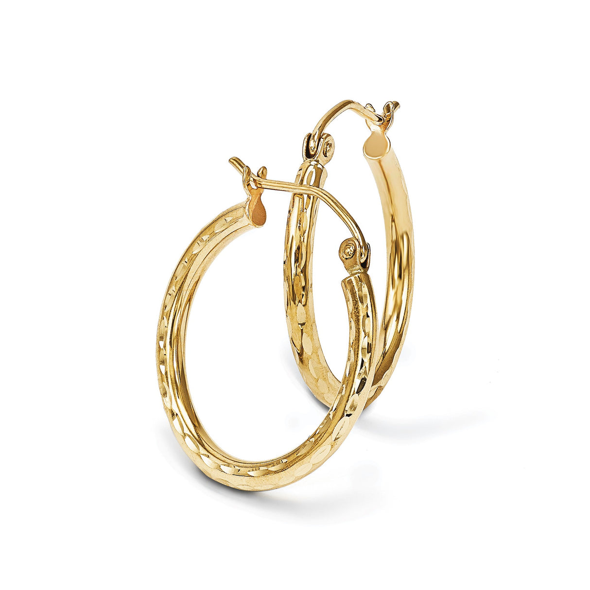 14k Yellow Gold Hoop Earrings with Polished Diamond-Cut Texture, Classic Round Hinged Design