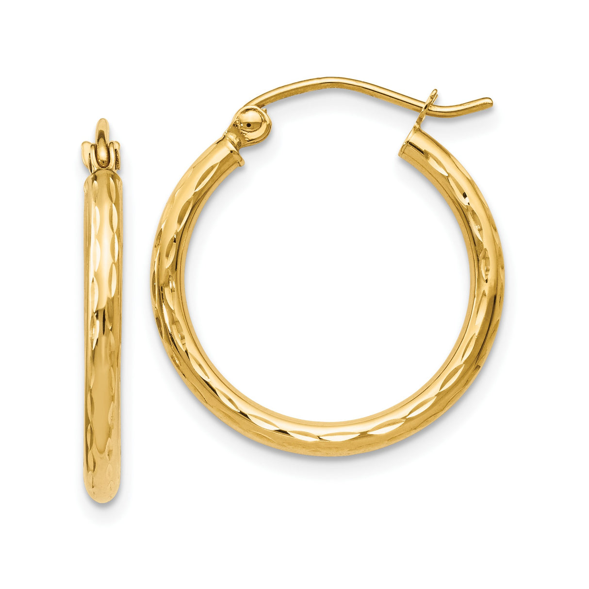 14k Yellow Gold Hoop Earrings with Polished Diamond-Cut Texture, Classic Round Hinged Design