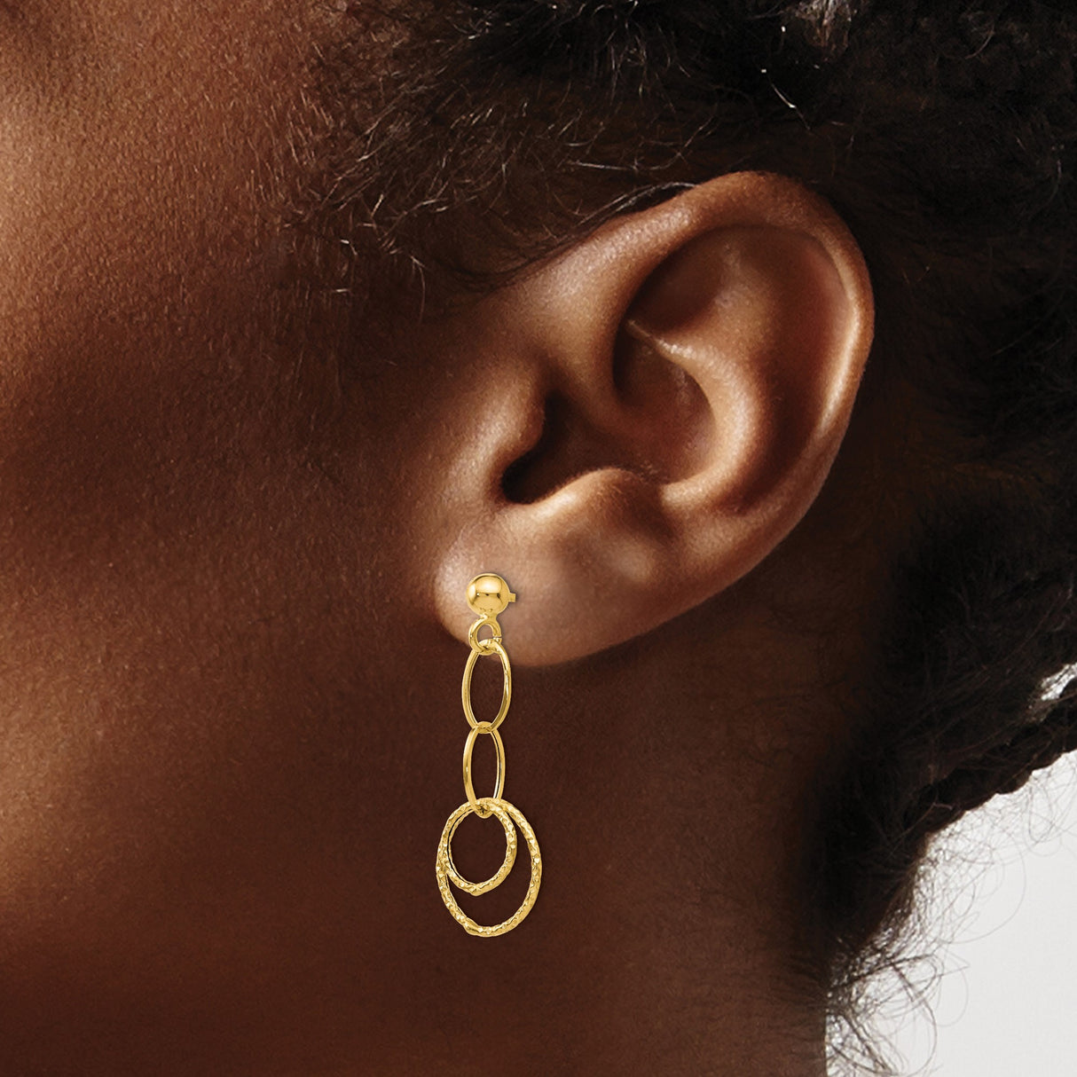 14k Yellow Gold Dangle Earrings with Textured Double Hoops and Oval Links