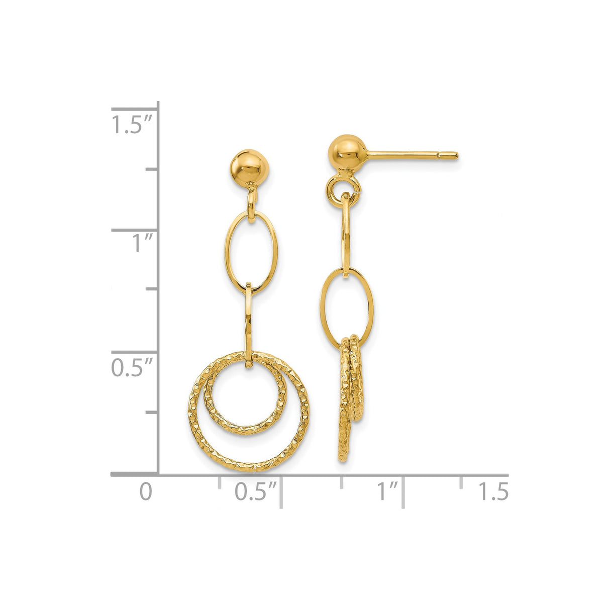 14k Yellow Gold Dangle Earrings with Textured Double Hoops and Oval Links