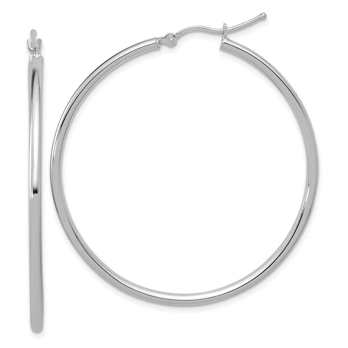 14k White Gold Hoop Earrings, Hinged Back Round Minimalist Polished Hoops for Women