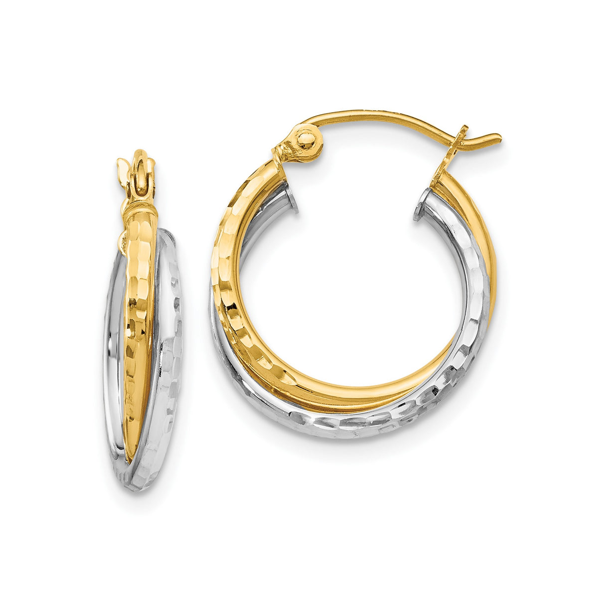 14k Two-Tone Gold Hoop Earrings with Hammered Finish and Intertwined Tubes