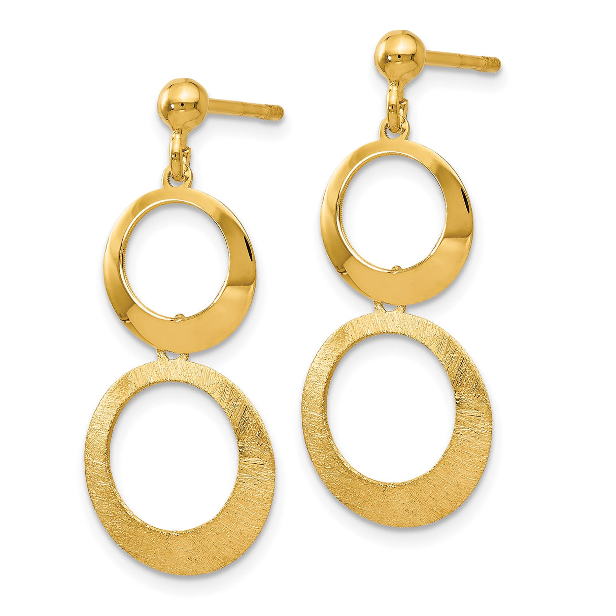 14k Yellow Gold Dangle Earrings with Dual Open Circle Drops, Polished and Brushed Finish