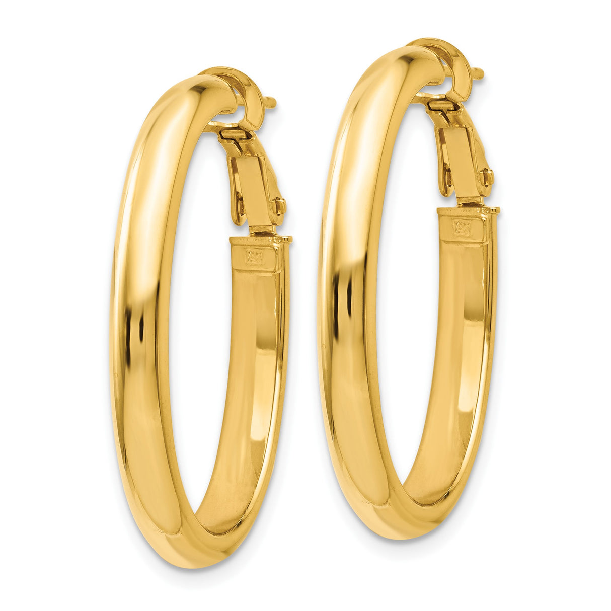 14k Yellow Gold Oval Hoop Earrings, High Polish Finish, Lightweight Snapback Design