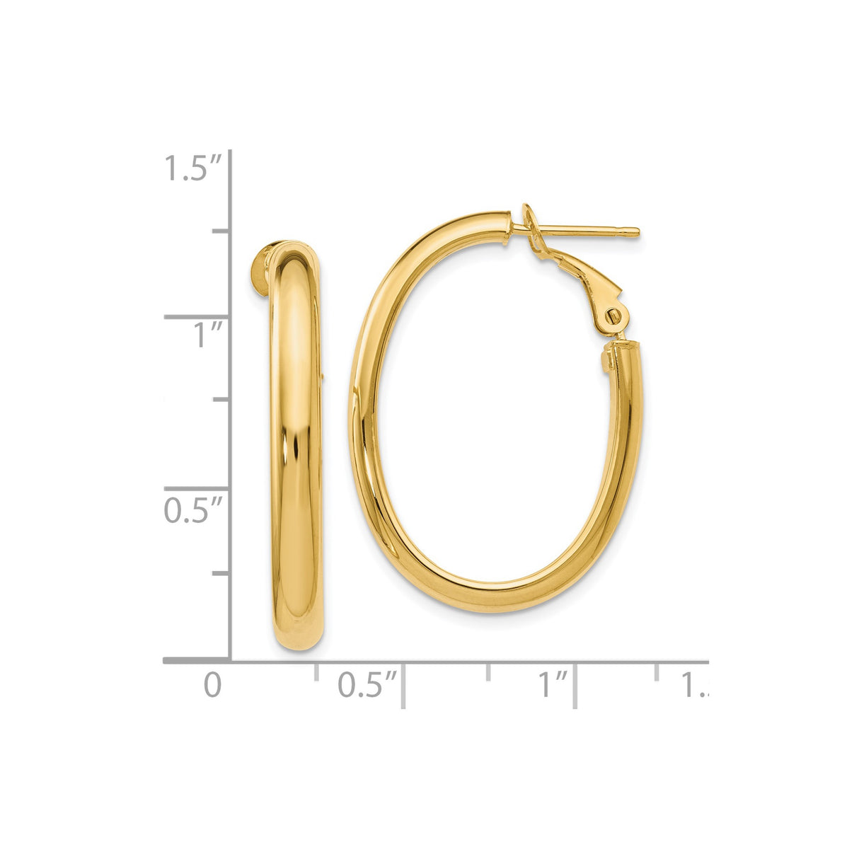 14k Yellow Gold Oval Hoop Earrings, High Polish Finish, Lightweight Snapback Design