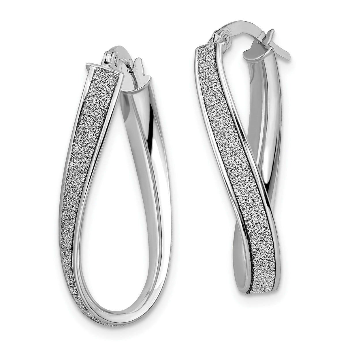 14k White Gold Twisted Hoop Earrings with Textured Sparkle Finish, Lightweight Oval Crossover Design