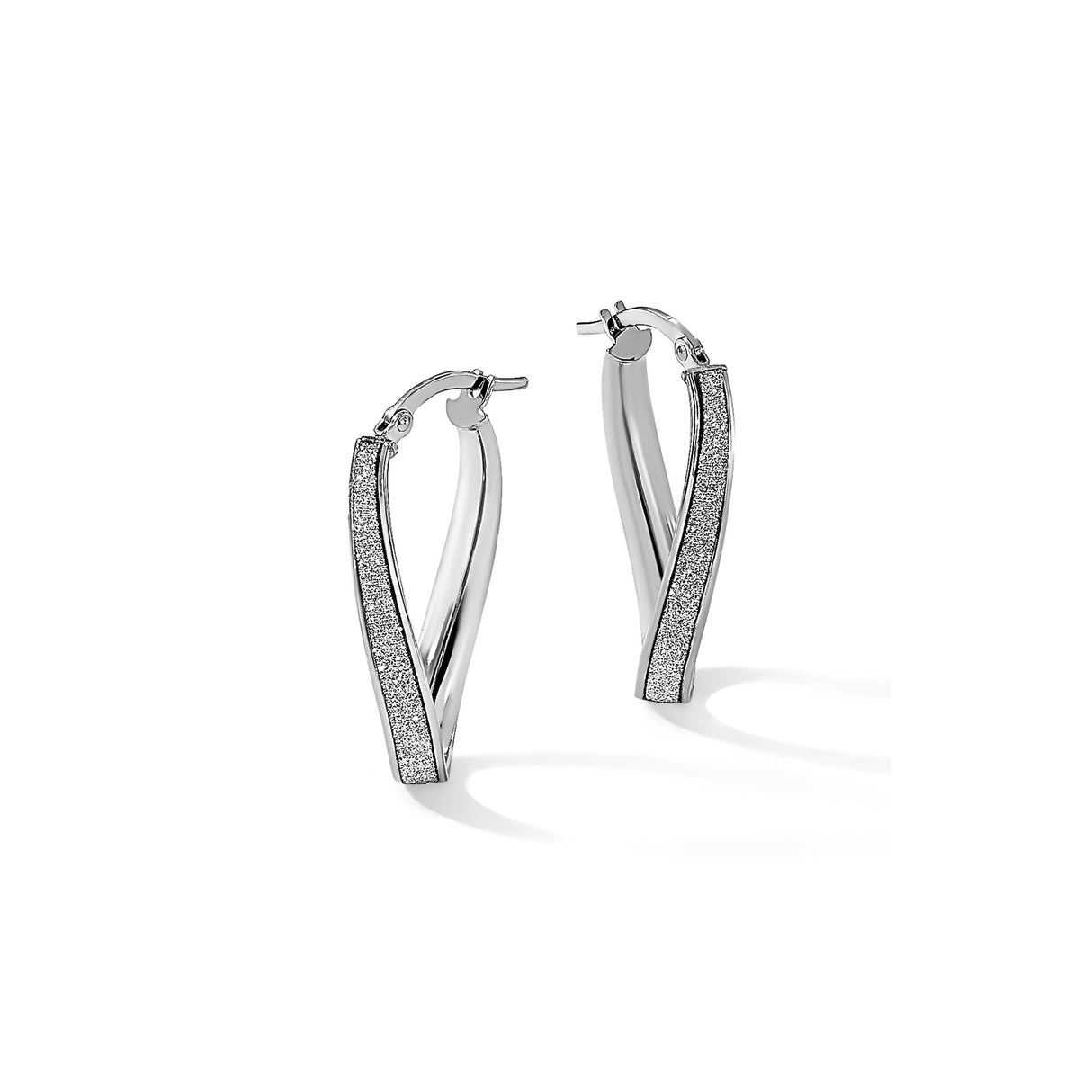 14k White Gold Twisted Hoop Earrings with Textured Sparkle Finish, Lightweight Oval Crossover Design