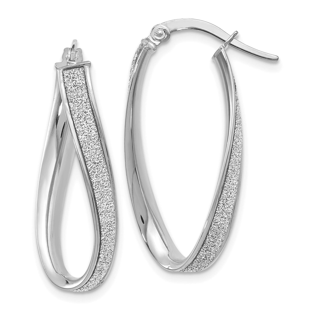 14k White Gold Twisted Hoop Earrings with Textured Sparkle Finish, Lightweight Oval Crossover Design
