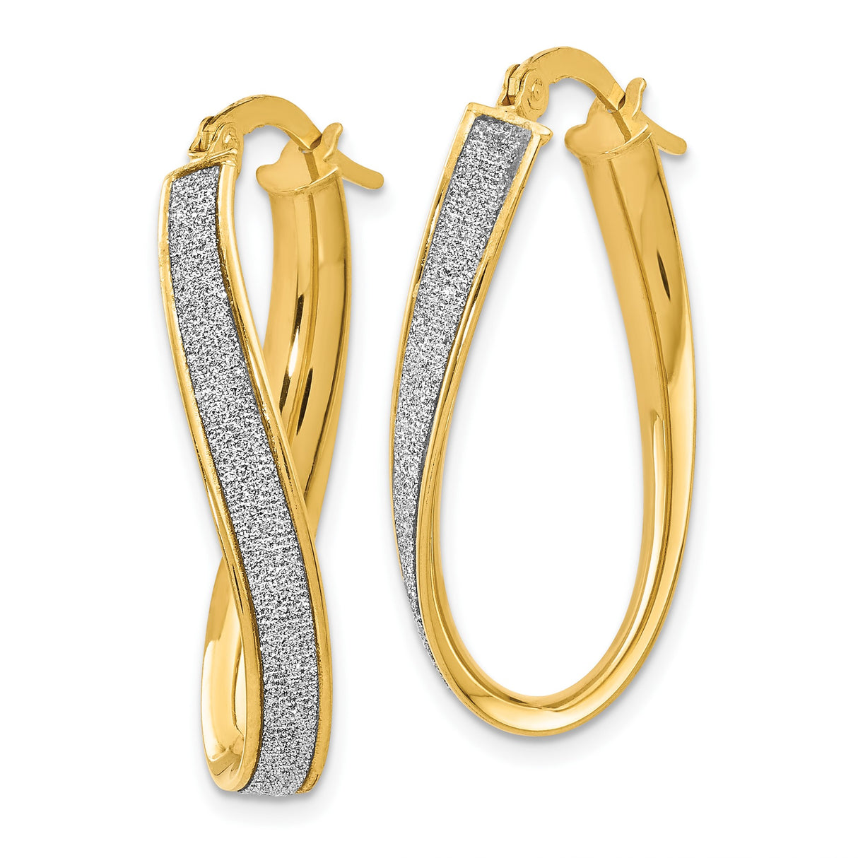 14k Yellow Gold Twisted Oval Hoop Earrings with Polished and Textured Dual Finish