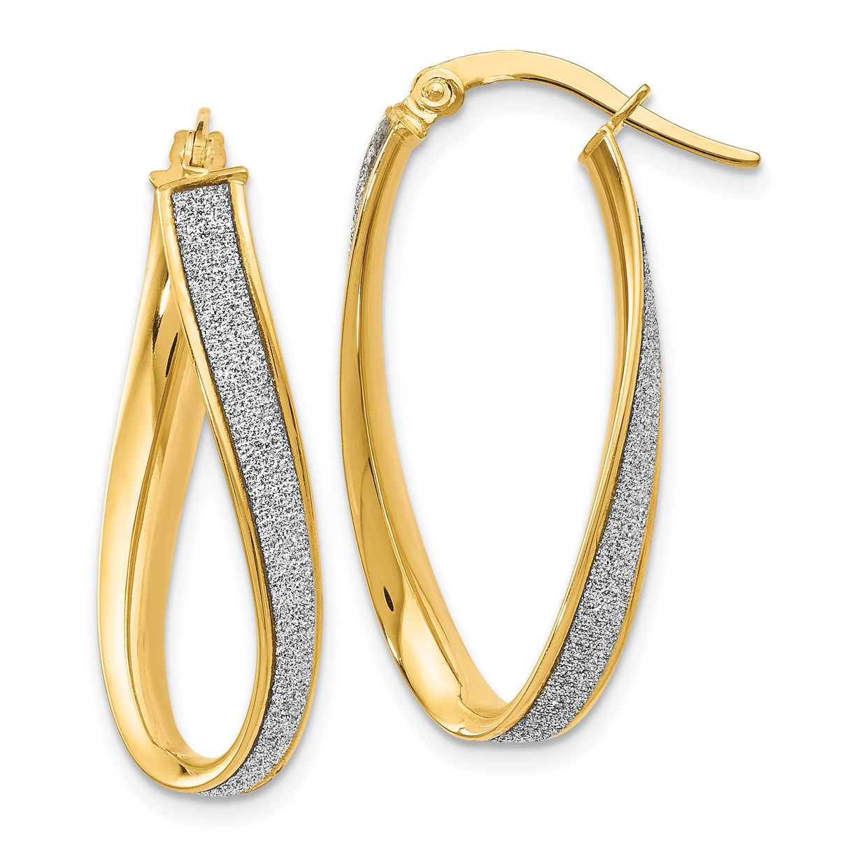 14k Yellow Gold Twisted Oval Hoop Earrings with Polished and Textured Dual Finish