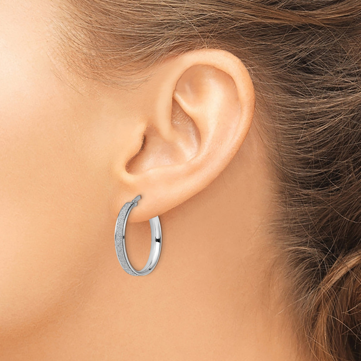 14k White Gold Hoop Earrings with Textured Center and High Polish Edges