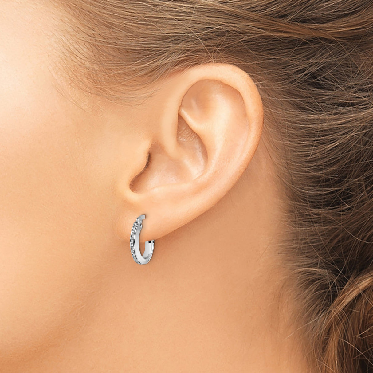14k White Gold Hoop Earrings with Polished Finish and Textured Center, Medium Lightweight Design