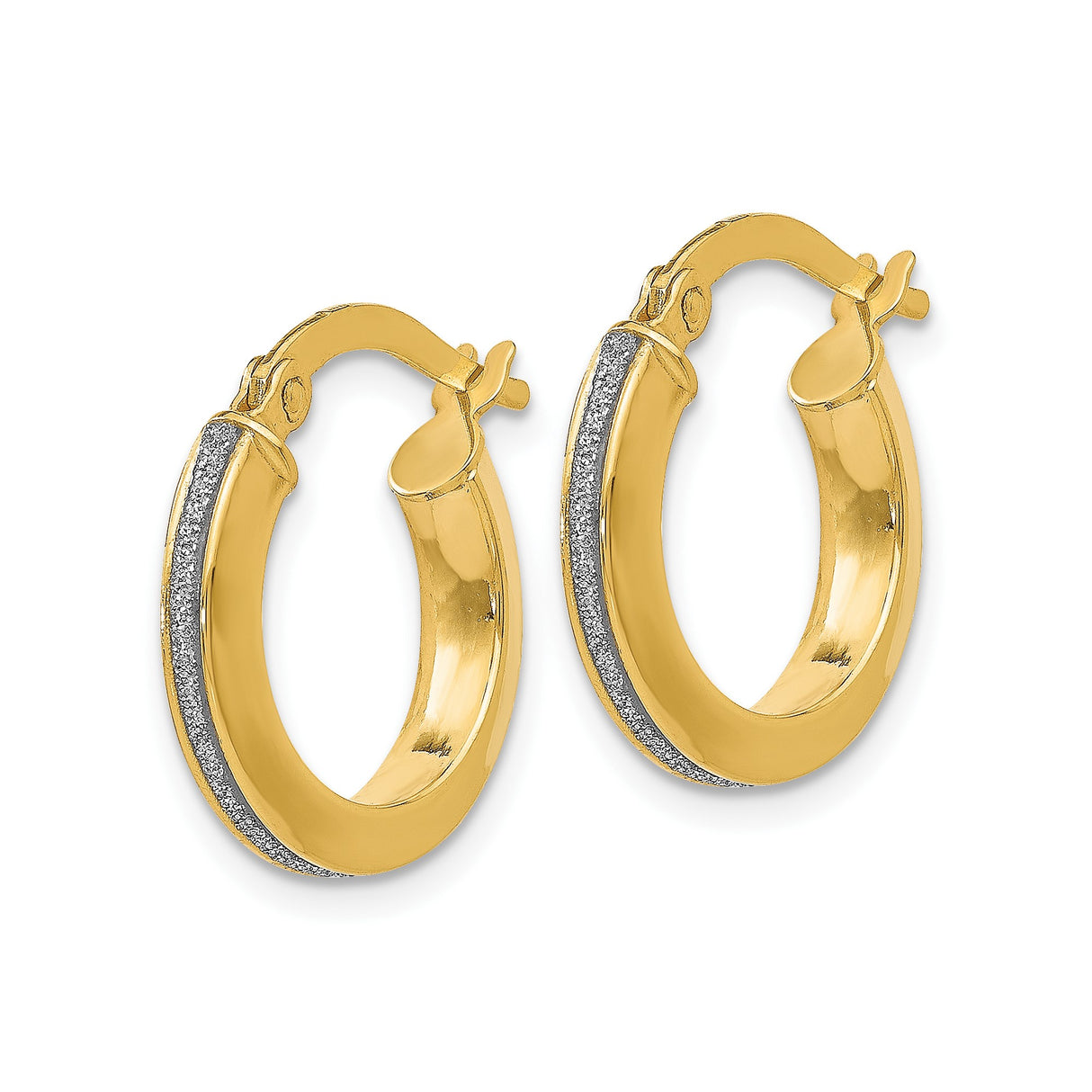14k Yellow Gold Hoop Earrings with Textured Stripe and Shimmer Finish