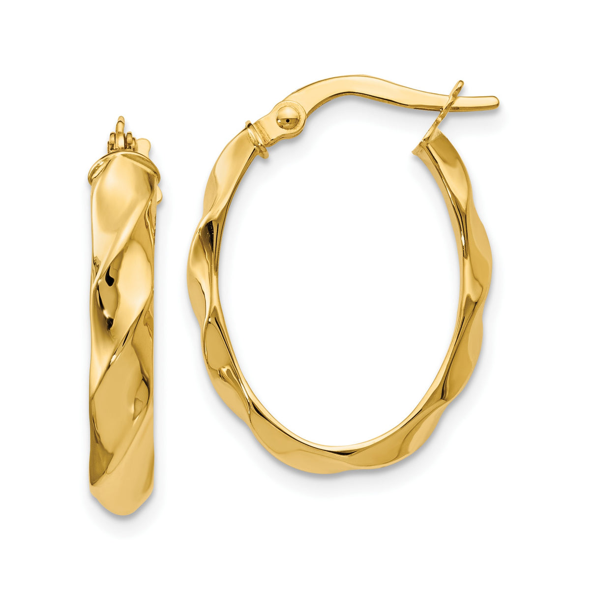 14k Yellow Gold Twisted Oval Hoop Earrings with Wavy Polished Design for Women