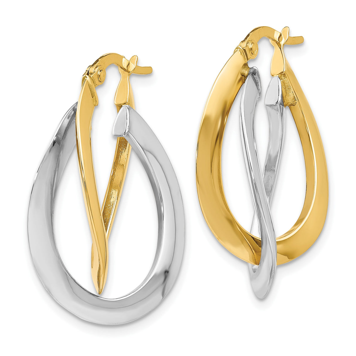 14k Two Tone Gold Teardrop Twist Hoop Earrings with Interlocking Loops for Women