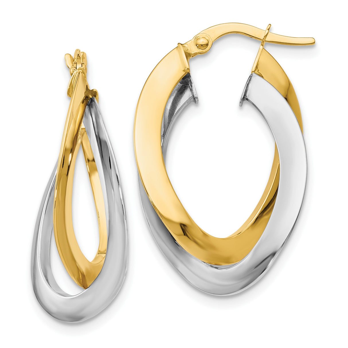 14k Two Tone Gold Teardrop Twist Hoop Earrings with Interlocking Loops for Women