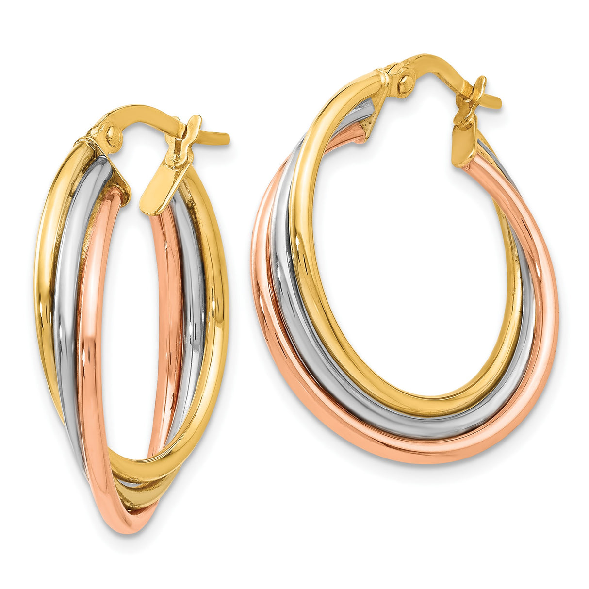 14k Tri Color Gold Hoop Earrings with Twisted Yellow, White, and Rose Gold Design