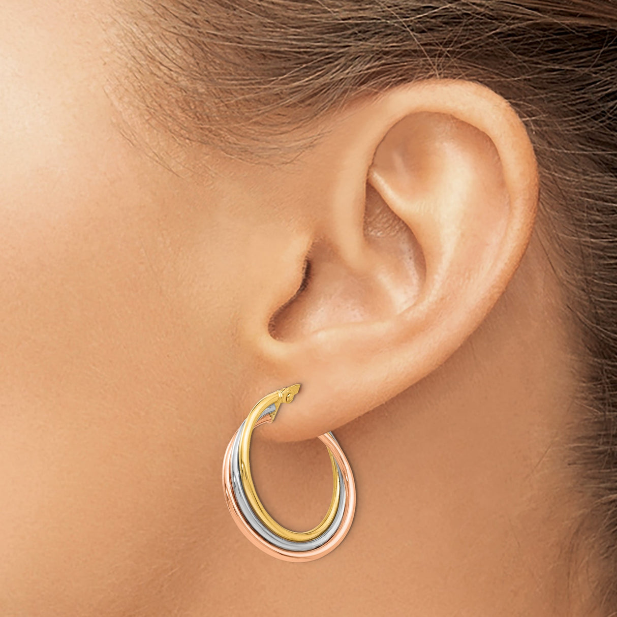 14k Tri Color Gold Hoop Earrings with Twisted Yellow, White, and Rose Gold Design