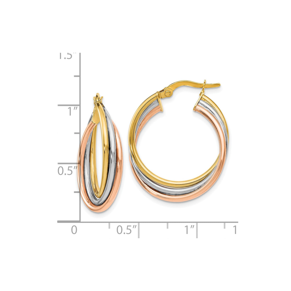 14k Tri Color Gold Hoop Earrings with Twisted Yellow, White, and Rose Gold Design