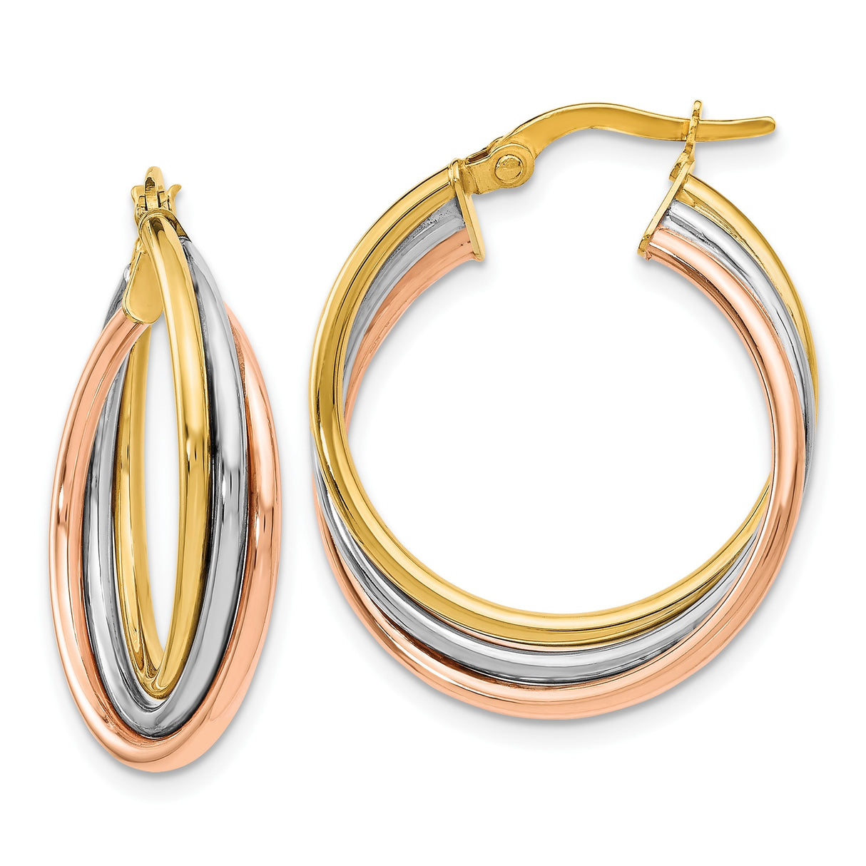 14k Tri Color Gold Hoop Earrings with Twisted Yellow, White, and Rose Gold Design