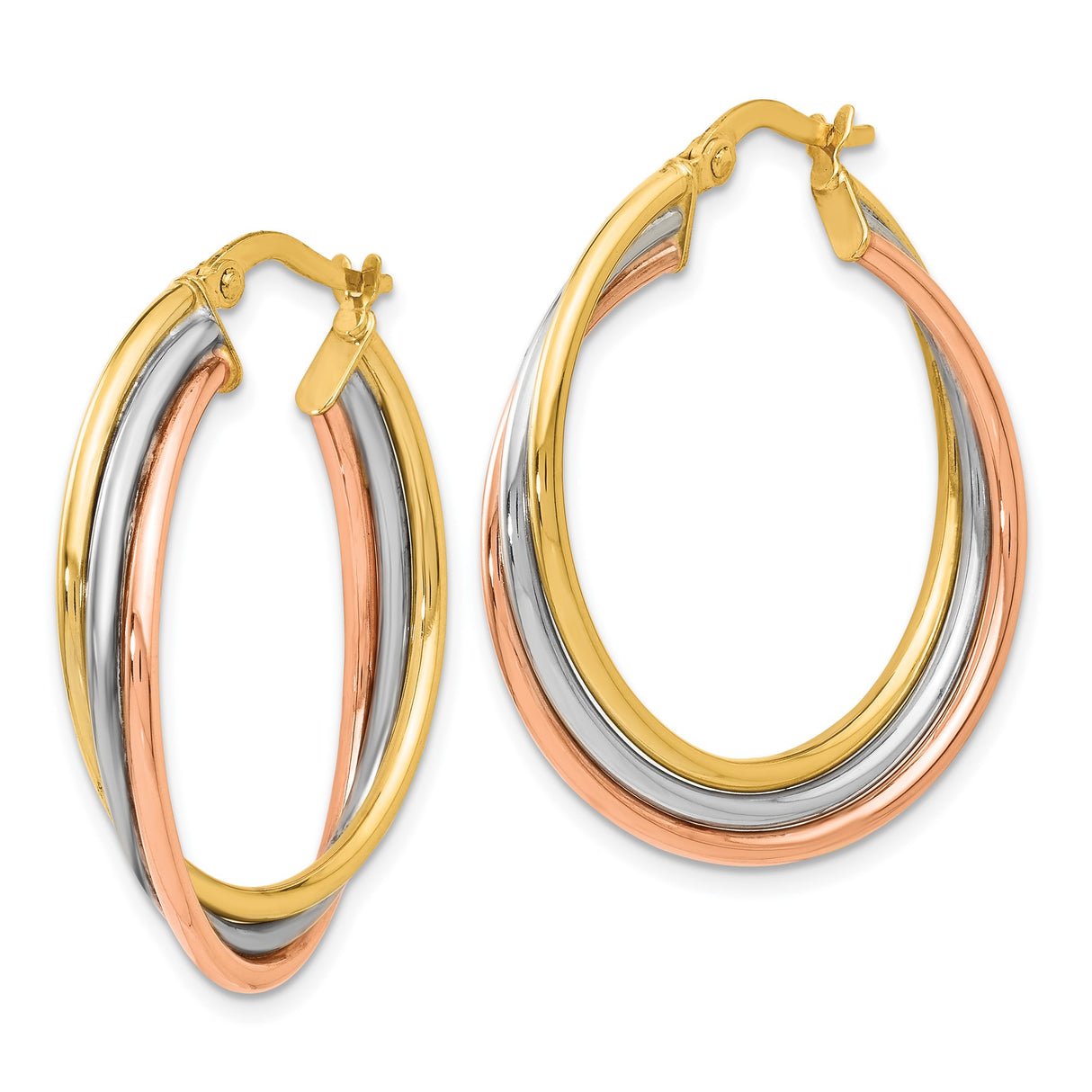 14k Tri-Color Gold Hoop Earrings with Intertwined Bands, Polished Layered Design