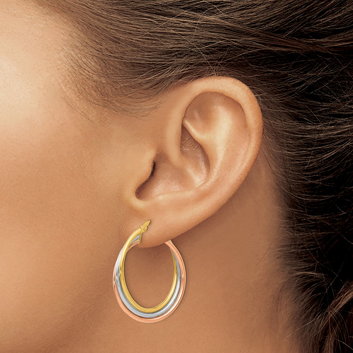 14k Tri-Color Gold Hoop Earrings with Intertwined Bands, Polished Layered Design