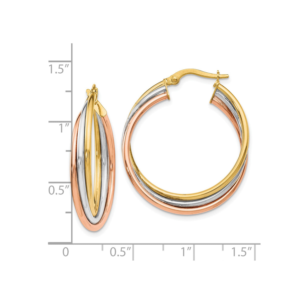 14k Tri-Color Gold Hoop Earrings with Intertwined Bands, Polished Layered Design