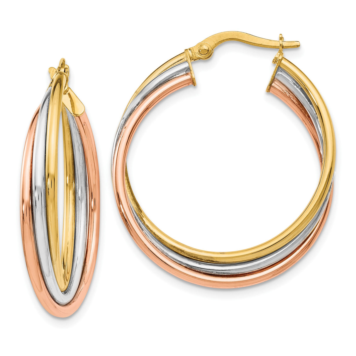 14k Tri-Color Gold Hoop Earrings with Intertwined Bands, Polished Layered Design